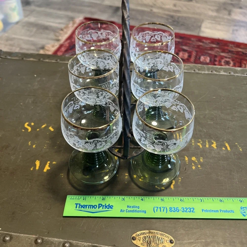 Vintage German OBAU Roemer Wine Glasses Set of 6 w/ Stand 0.1L Gold Trim